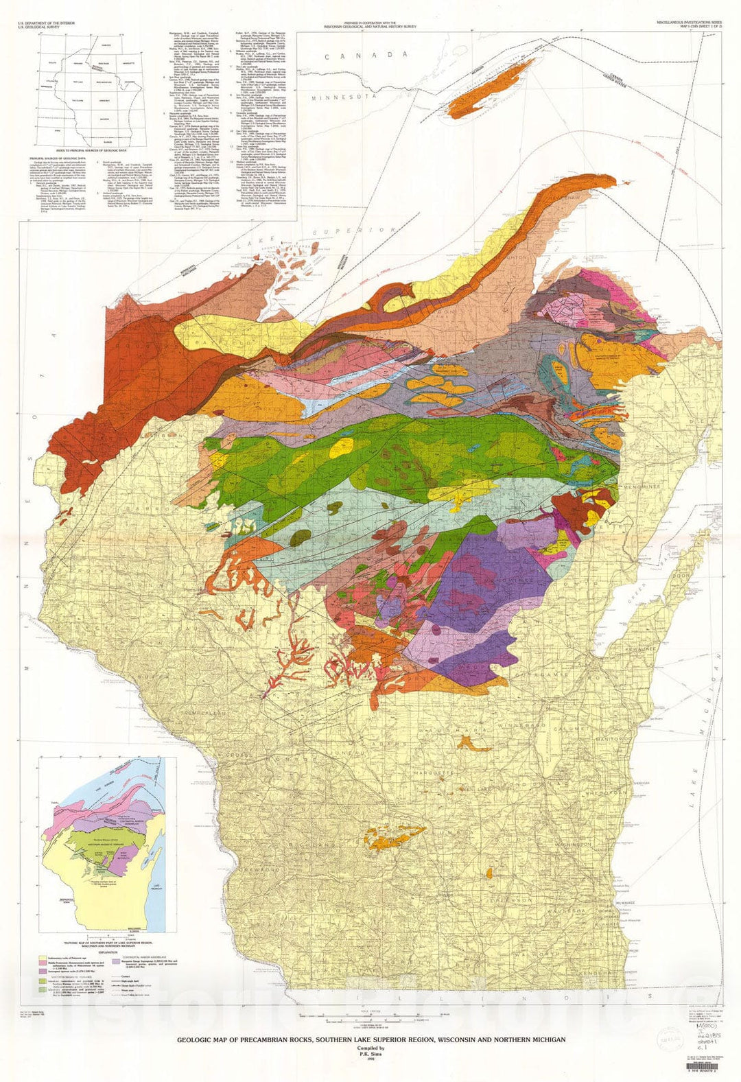 Map : Geologic map of Precambrian rocks, southern Lake Superior region, Wisconsin and northern Michigan, 1992 Cartography Wall Art :