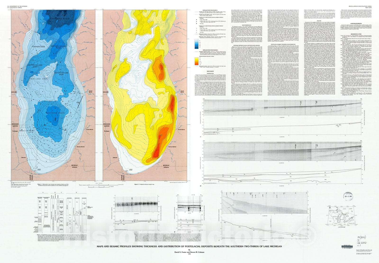 Map : Maps and seismic profiles showing thickness and distribution of postglacial deposits beneath the southern two-thirds of Lake Michigan, 1992 Cartography Wall Art :