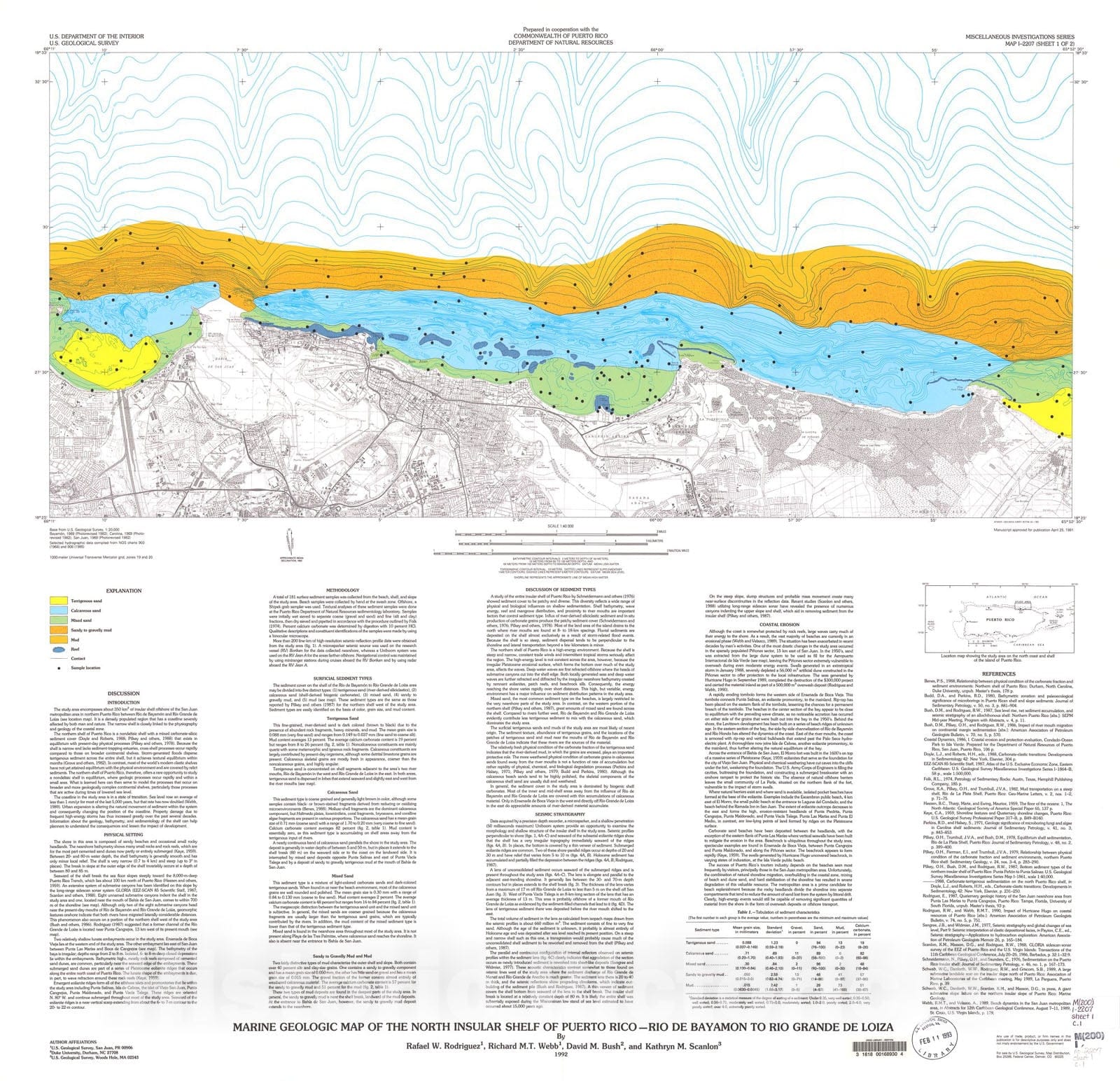 Map : Marine geologic map of the north insular shelf of Puerto Rico - Rio De Bayamon to Rio Grande De Loiza, 1992 Cartography Wall Art :