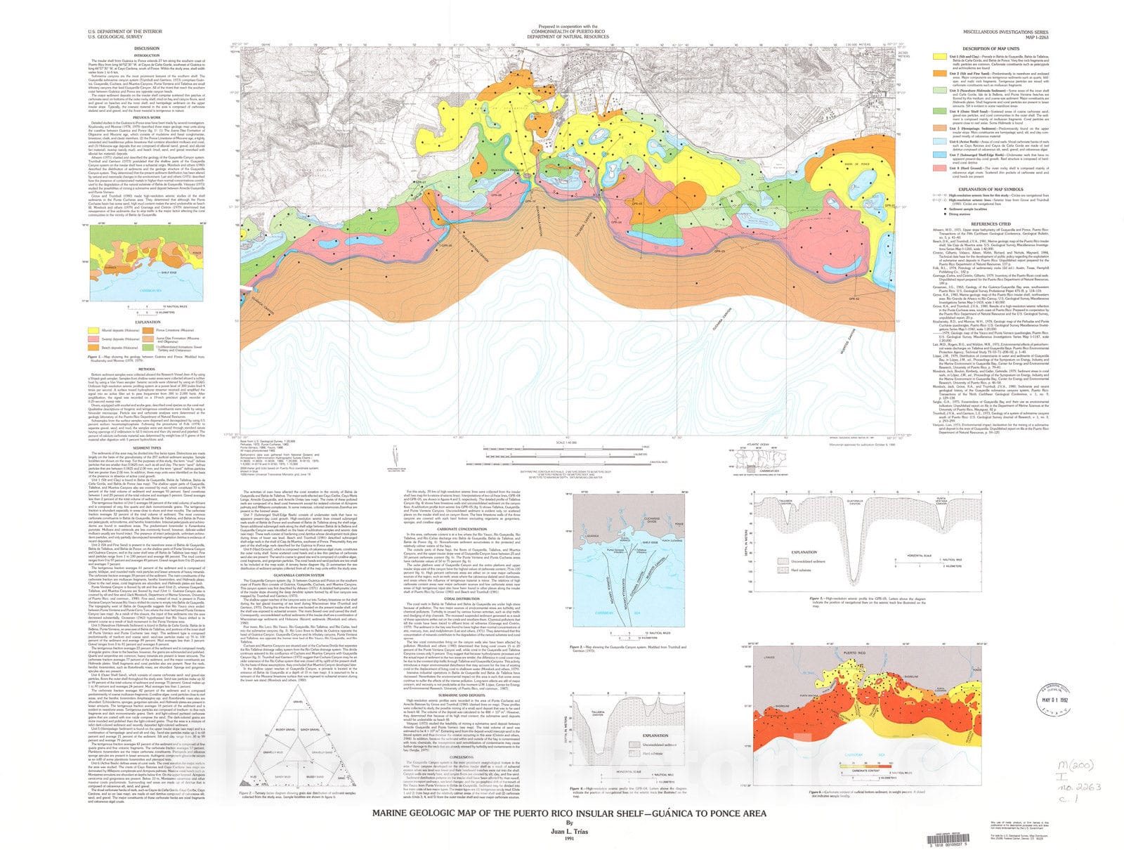 Map : Marine geologic map of the Puerto Rico insular shelf - Guanica to Ponce area, 1991 Cartography Wall Art :