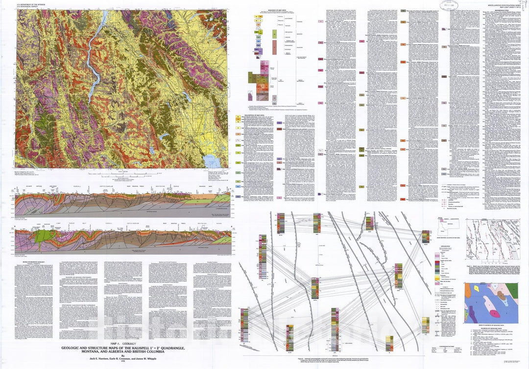 Map : Geologic and structure maps of the Kalispell one degree x two degrees quadrangle, Montana, and Alberta and British Columbia, one99two Cartography Wall Art :