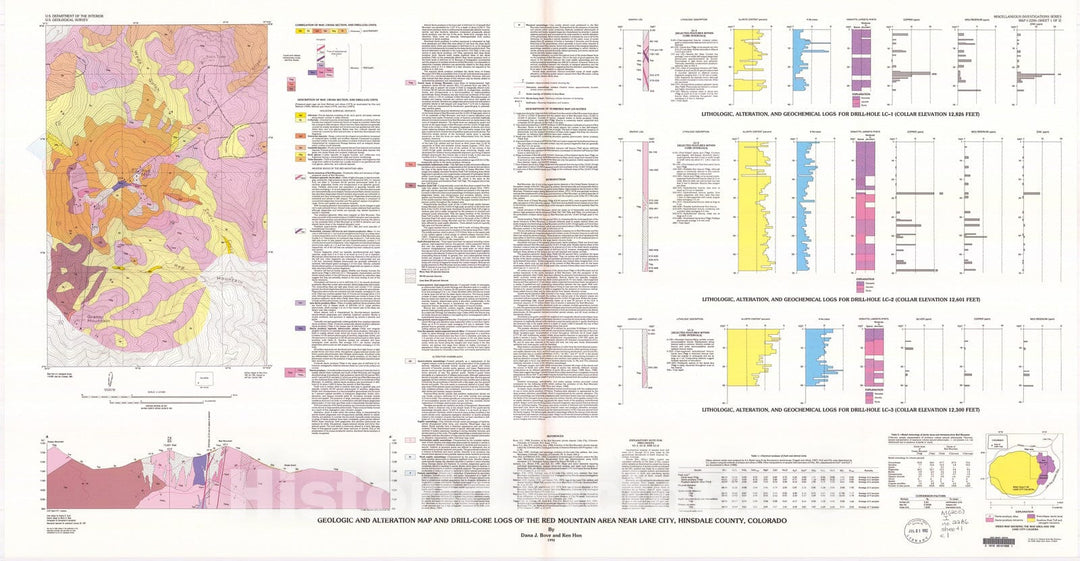 Map : Geologic and alteration map and drill-core logs of the Red Mountain area near Lake City, Hinsdale County, Colorado, 1992 Cartography Wall Art :