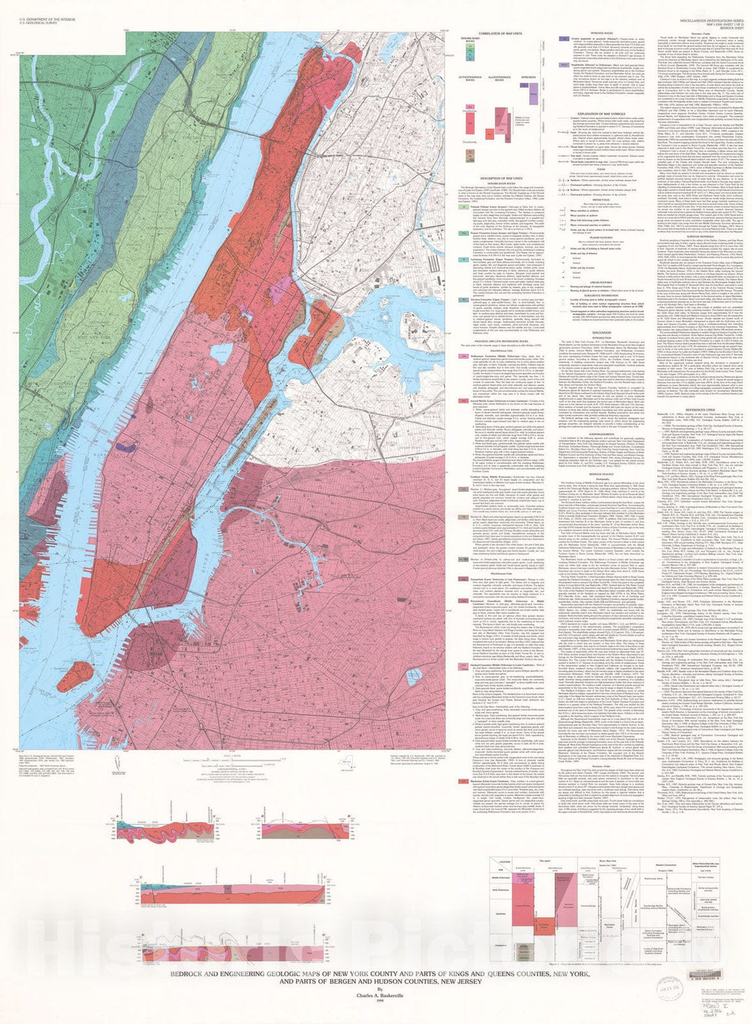 Map : Bedrock and engineering geologic maps of New York County and parts of Kings and Queens Counties, New York, and parts of Bergen, 1994 Cartography Wall Art :