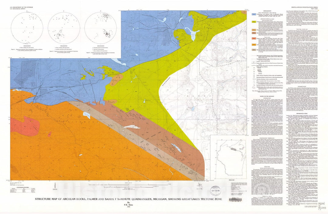 Map : Structure map of Archean rocks, Palmer and Sands 7.5-minute quadrangles, Michigan, showing Great Lakes tectonic zone, 1993 Cartography Wall Art :