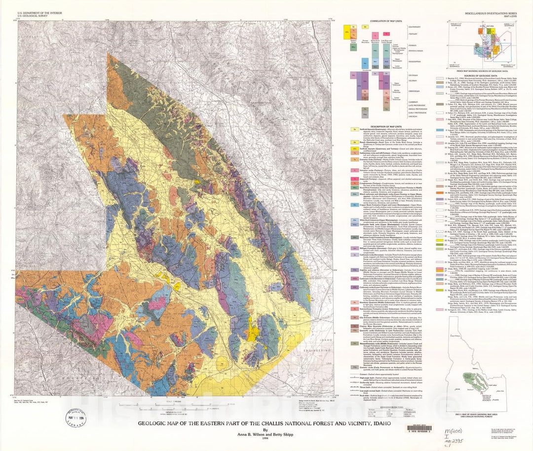 Map : Geologic map of the eastern part of the Challis National Forest and vicinity, Idaho, 1994 Cartography Wall Art :