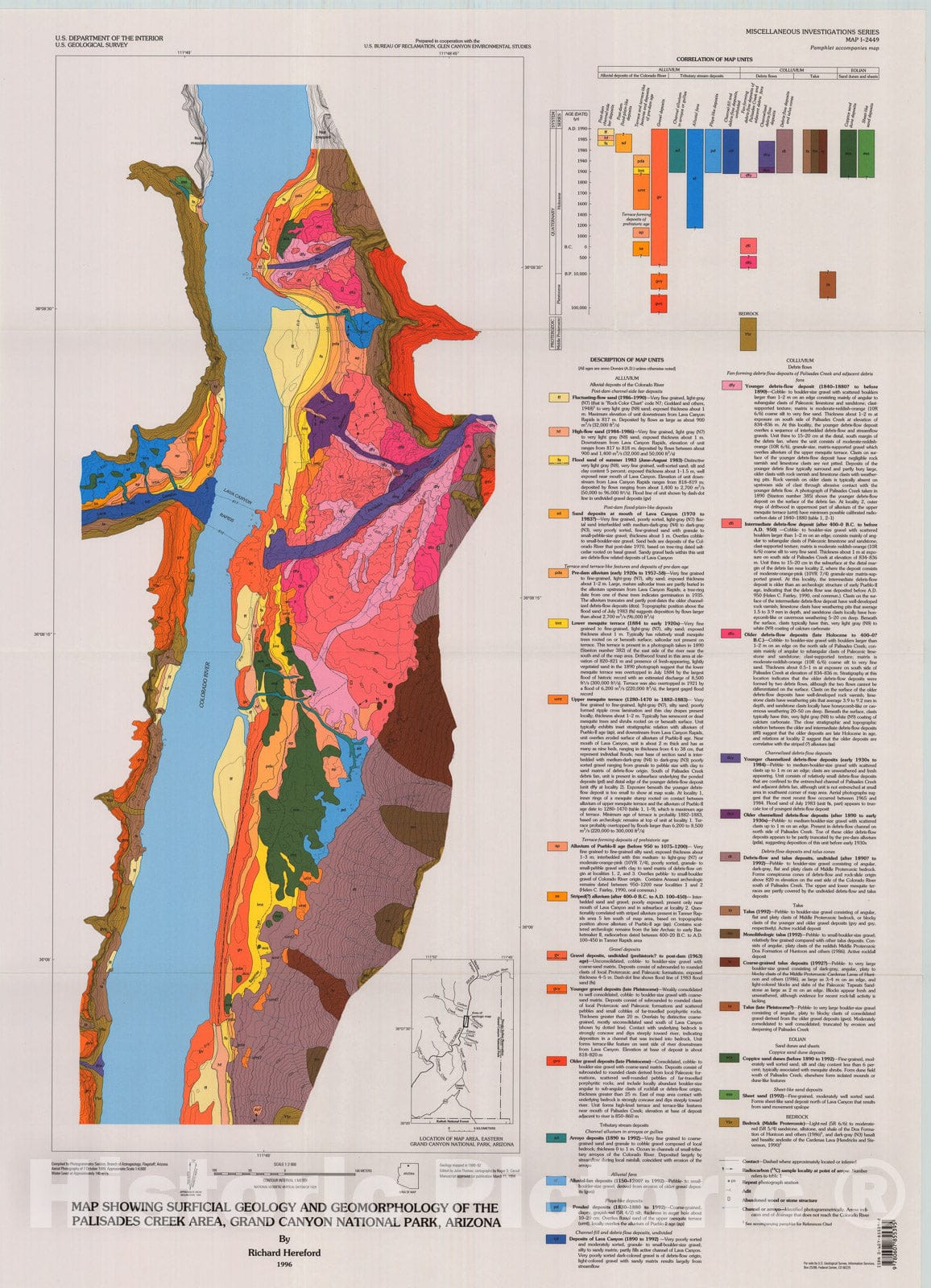 Map : Map showing surficial geology and geomorphology of the Palisades Creek area, Grand Canyon National Park, Arizona, 1996 Cartography Wall Art :