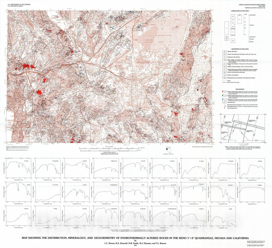 Map : Map showing the distribution, mineralogy, and geochemistry of hydrothermally altered rocks in the Reno one degree x two degrees quadra, one995 Cartography Wall Art :