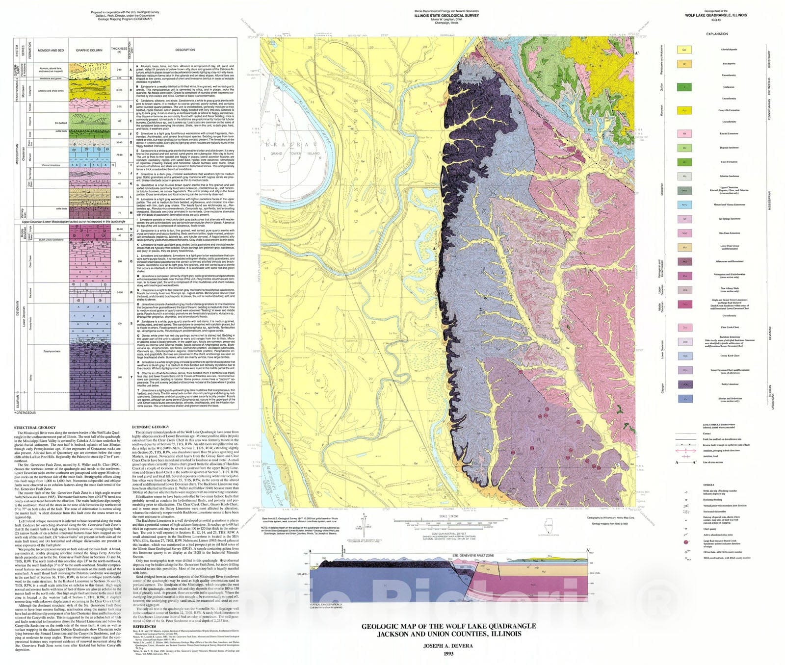 Map : Geologic map of the Wolf Lake Quadrangle, Jackson and Union Counties, Illinois, 1993 Cartography Wall Art :