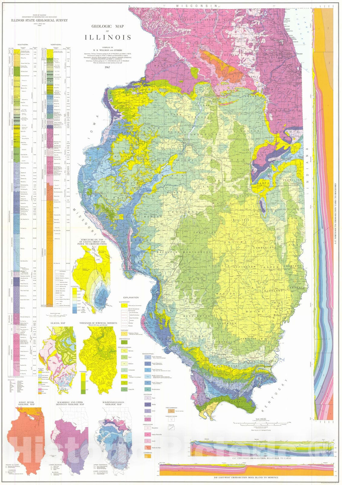 Map : Geologic map of Illinois, 1967 Cartography Wall Art :