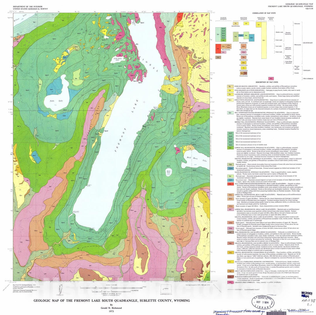 Map : Geologic map of the Fremont Lake South quadrangle, Sublette County, Wyoming, 1973 Cartography Wall Art :