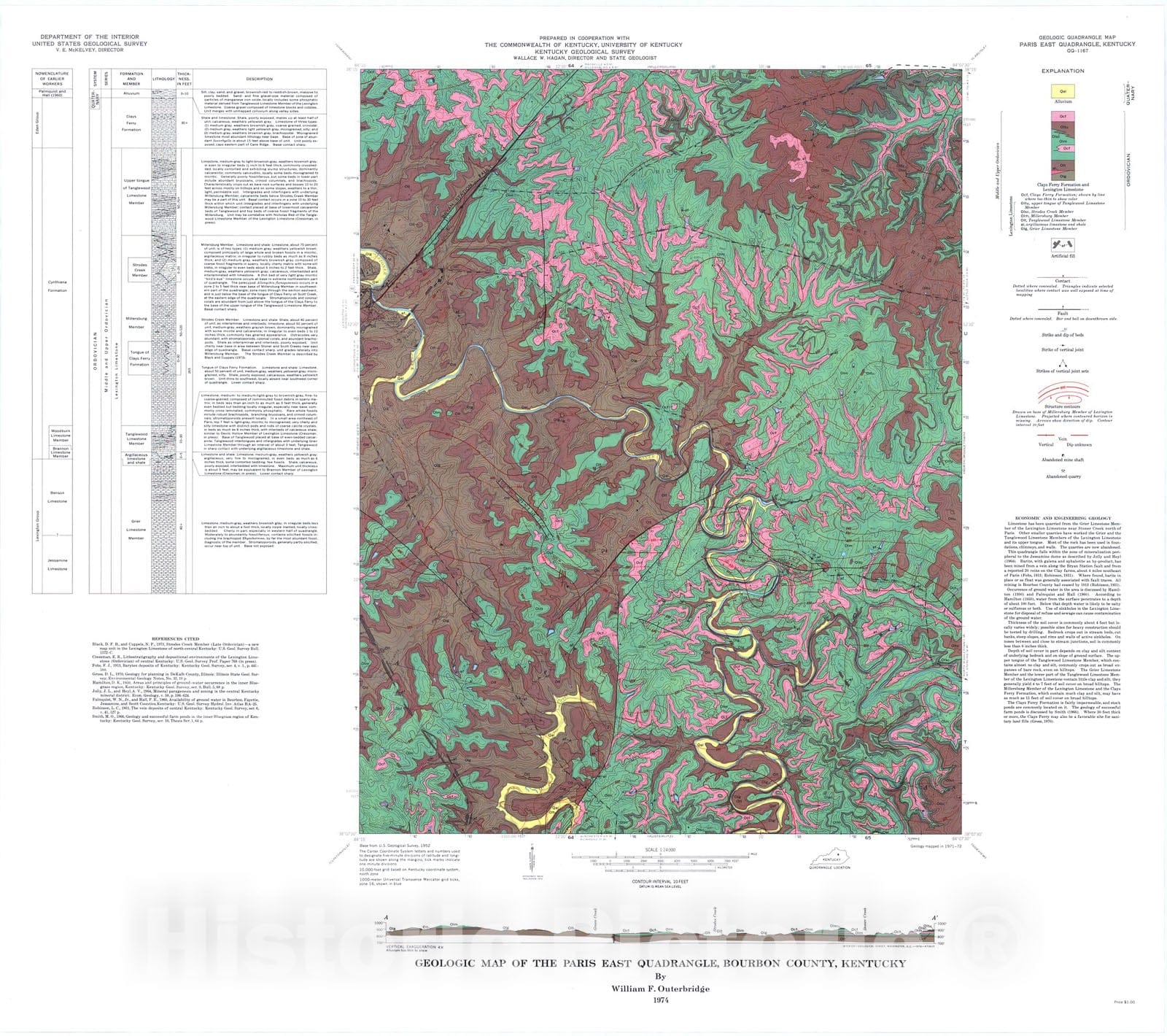 Map : Geologic map of the Paris East quadrangle, Bourbon County, Kentucky, 1974 Cartography Wall Art :