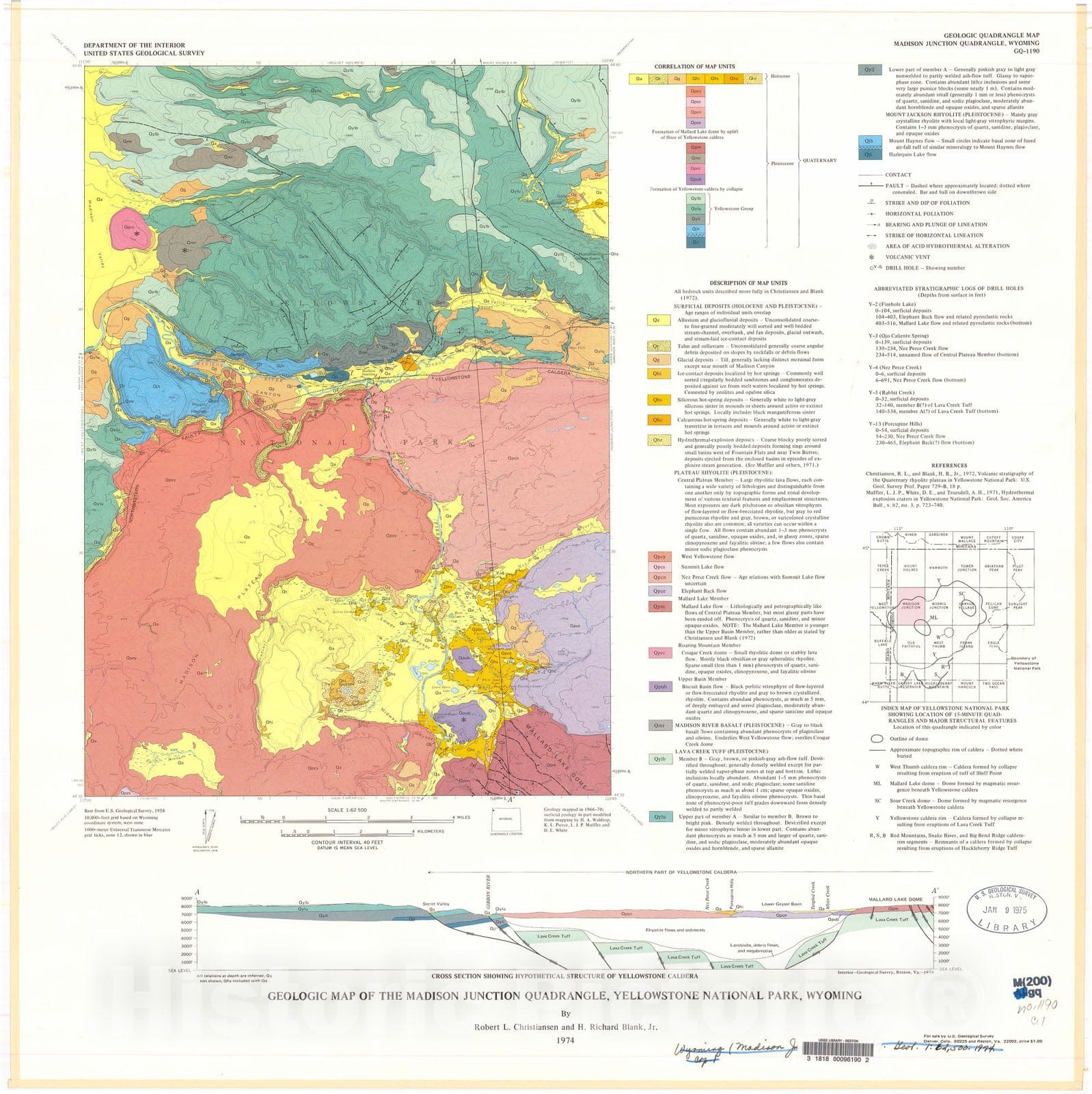 Map : Geologic map of the Madison Junction quadrangle, Yellowstone National Park, Wyoming, 1974 Cartography Wall Art :