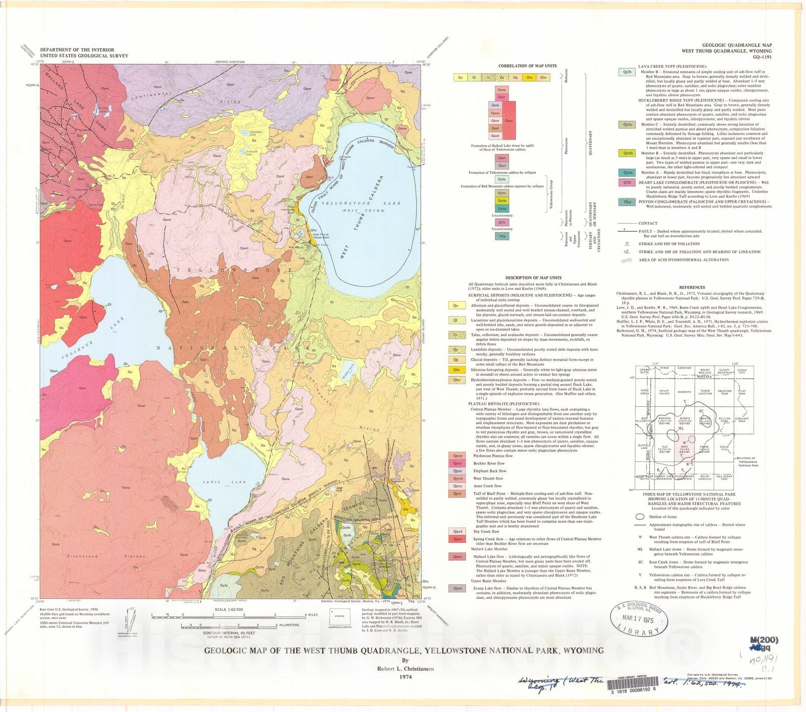 Map : Geologic map of the West Thumb quadrangle, Yellowstone National Park, Wyoming, 1974 Cartography Wall Art :