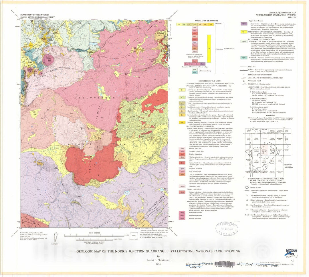 Map : Geologic map of the Norris Junction quadrangle, Yellowstone National Park, Wyoming, 1975 Cartography Wall Art :