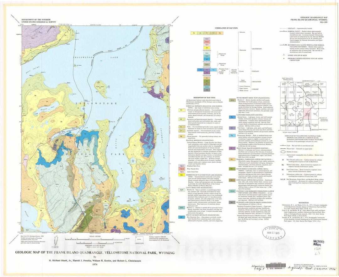 Map : Geologic map of the Frank Island quadrangle, Yellowstone National Park, Wyoming, 1974 Cartography Wall Art :