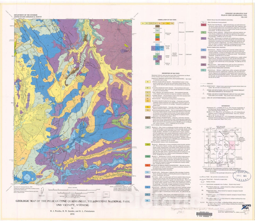 Map : Geologic map of the Pelican Cone quadrangle, Yellowstone National Park and vicinity, Wyoming, 1975 Cartography Wall Art :