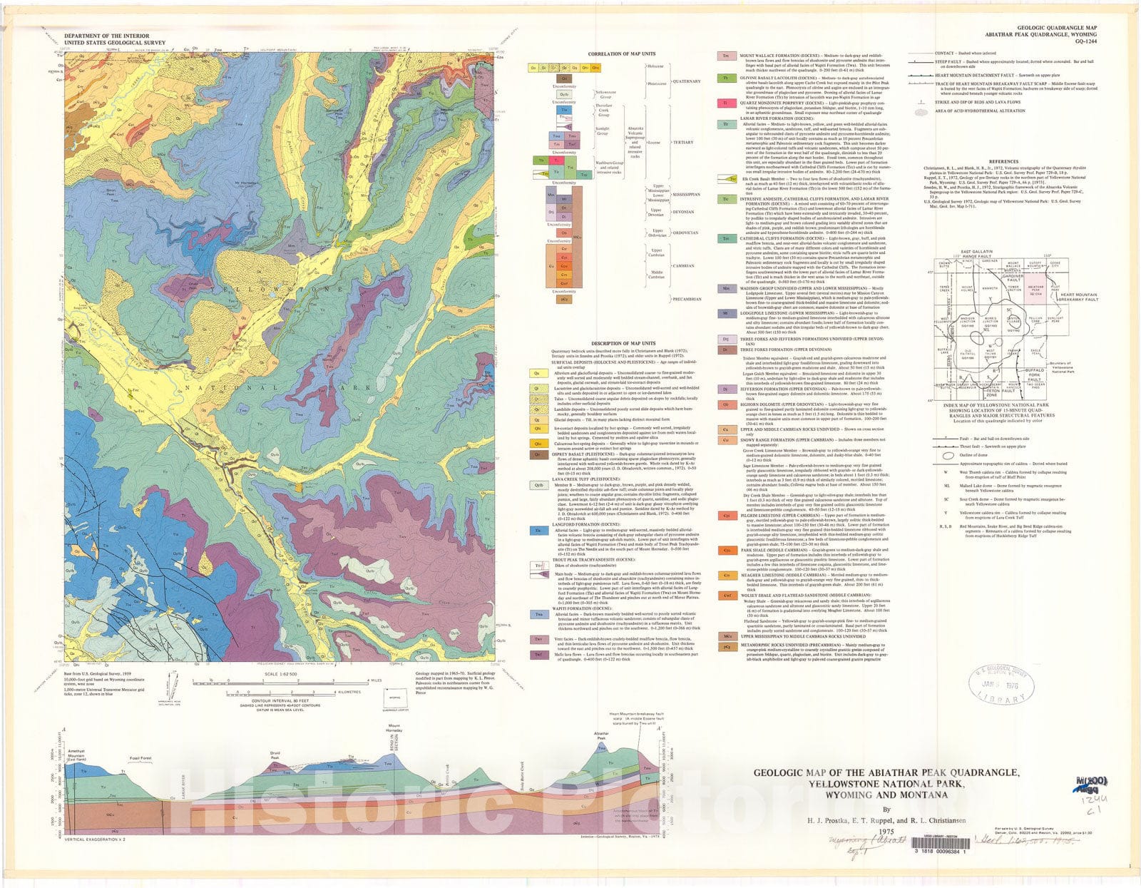 Map : Geologic map of the Abiathar Peak quadrangle, Yellowstone National Park, Wyoming and Montana, 1975 Cartography Wall Art :