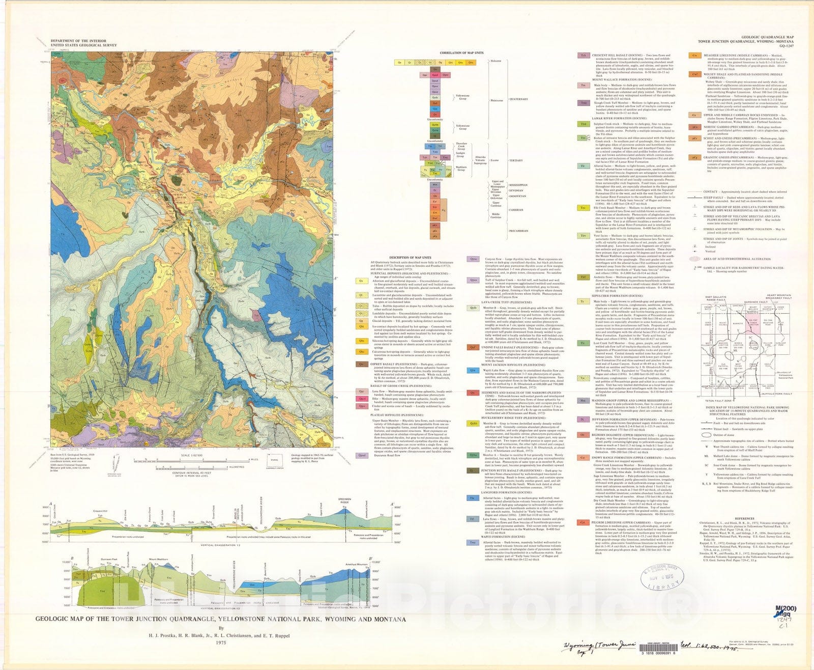 Map : Geologic map of the Tower Junction quadrangle, Yellowstone National Park, Wyoming and Montana, 1975 Cartography Wall Art :