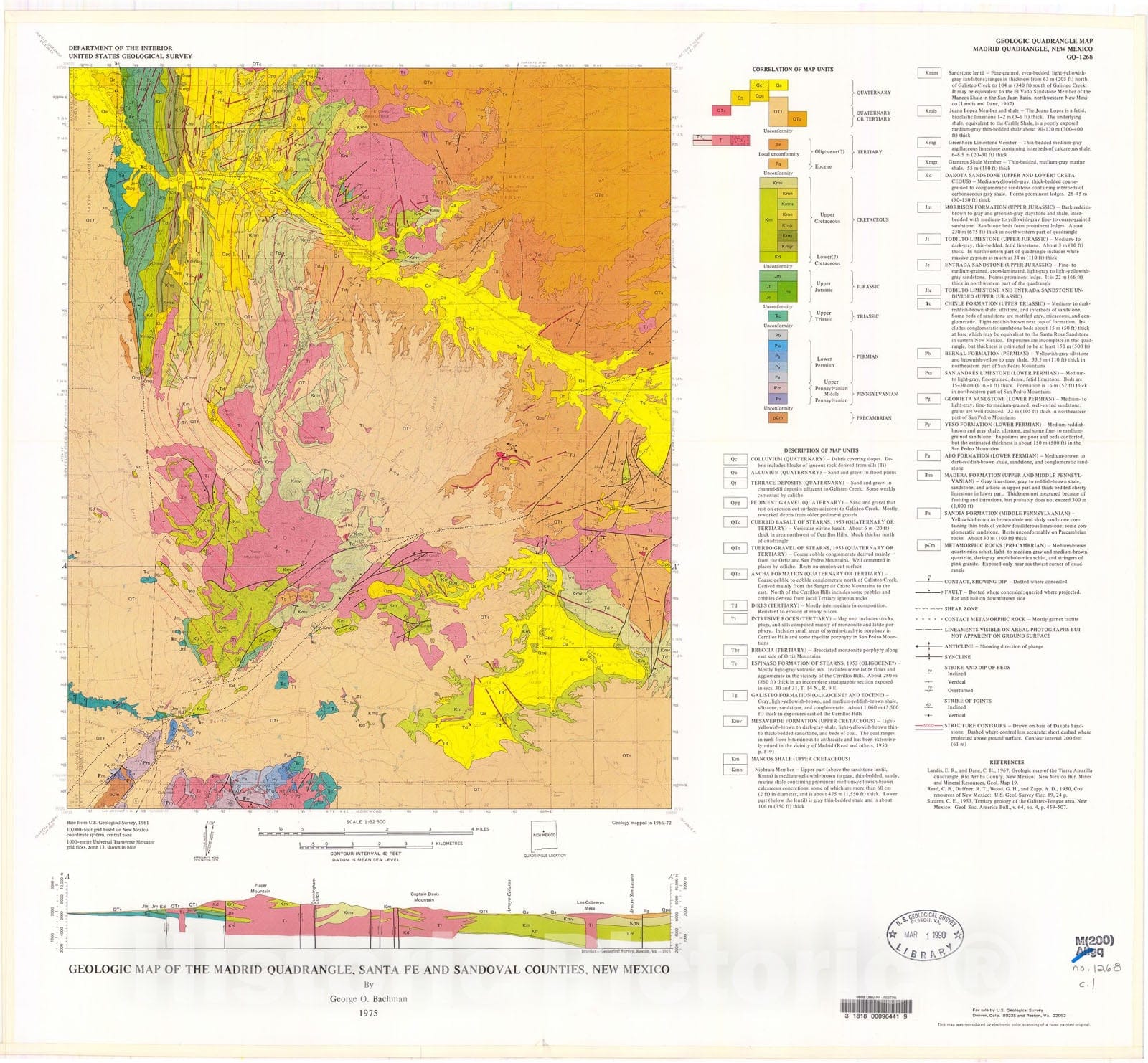 Map : Geologic map of the Madrid quadrangle, Santa Fe and Sandoval Counties, New Mexico, 1975 Cartography Wall Art :