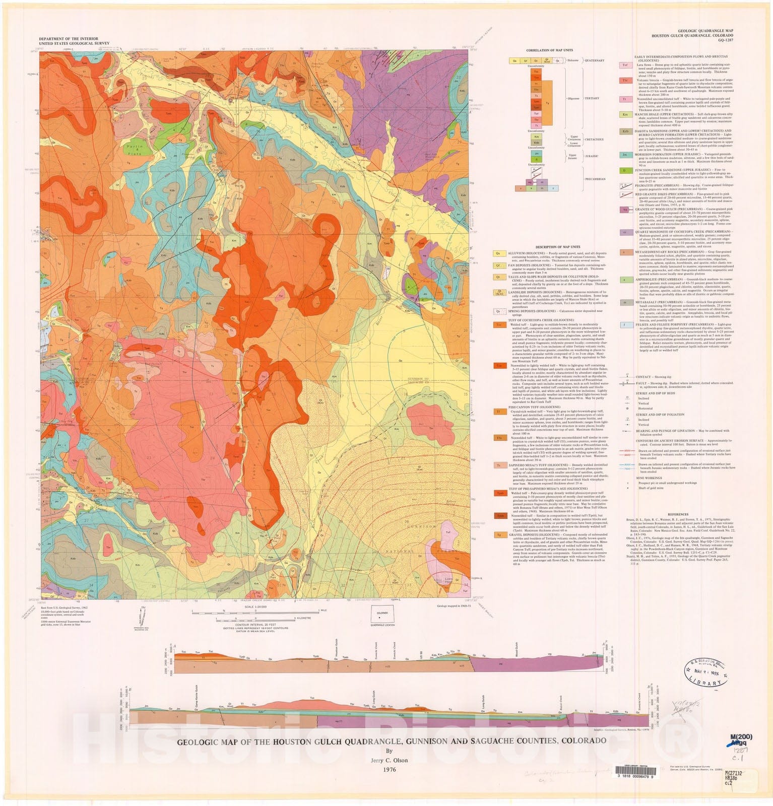 Map : Geologic map of the Houston Gulch quadrangle, Gunnison and Saguache Counties, Colorado, 1976 Cartography Wall Art :