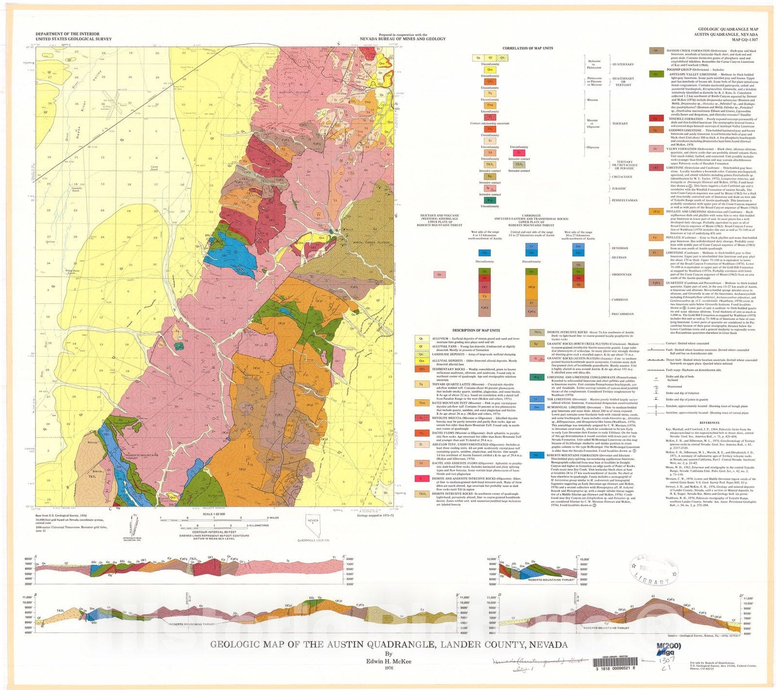 Map : Geologic map of the Austin quadrangle, Lander County, Nevada, 1976 Cartography Wall Art :