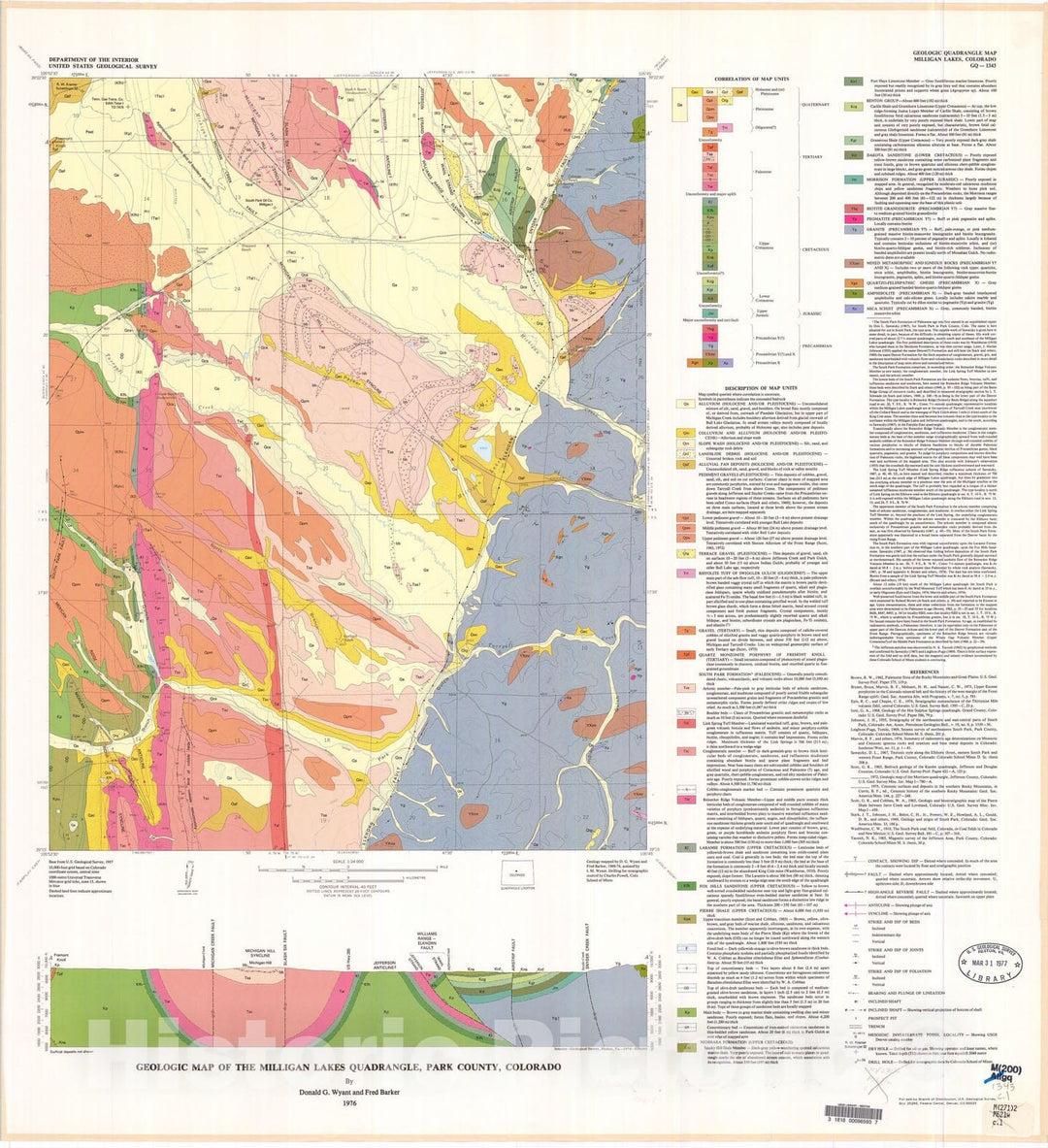 Map : Geologic map of the Milligan Lakes quadrangle, Park County, Colorado, 1976 Cartography Wall Art :