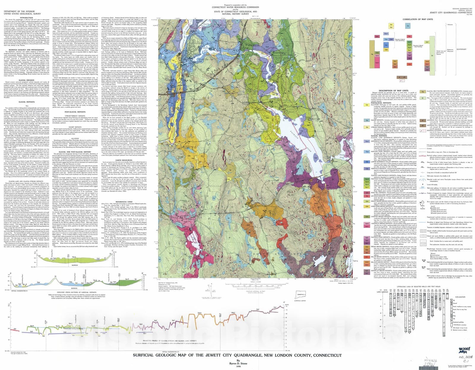 Map : Surficial geologic map of the Jewett City quadrangle, New London County, Connecticut, 1978 Cartography Wall Art :