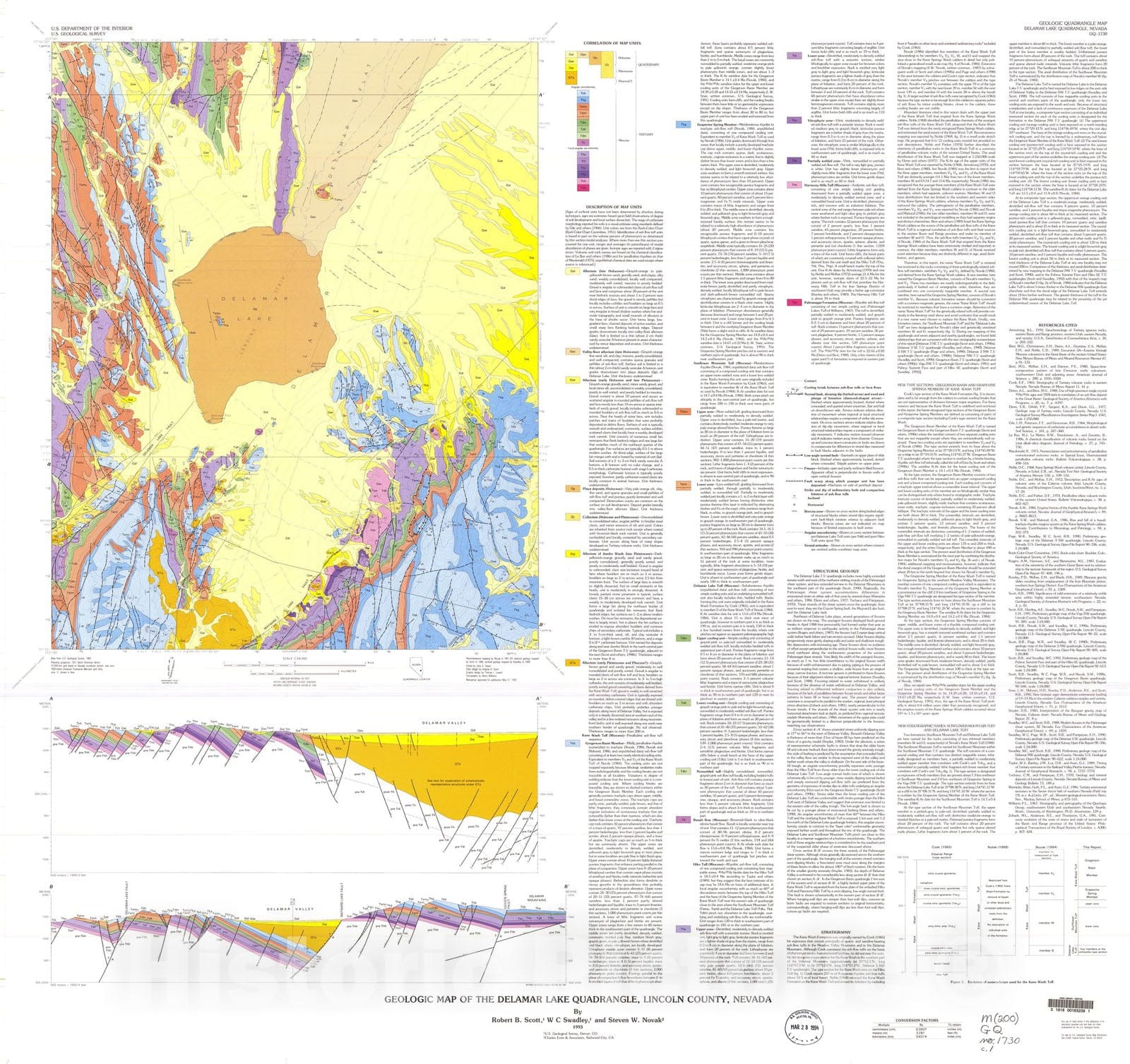 Map : Geologic map of the Delamar Lake quadrangle, Lincoln county, Nevada, 1993 Cartography Wall Art :