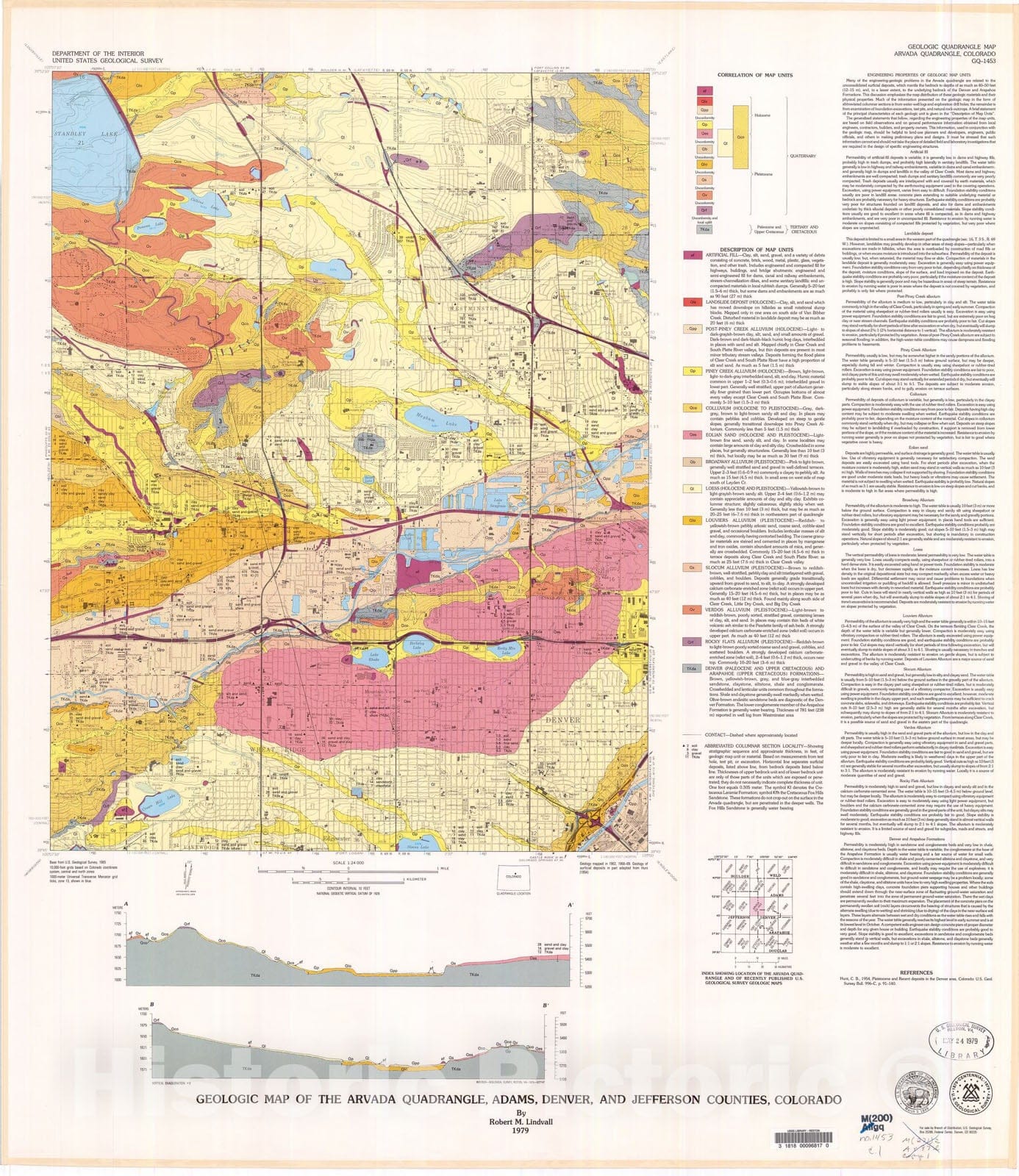 Map : Geologic map of the Arvada quadrangle, Adams, Denver, and Jefferson Counties, Colorado, 1979 Cartography Wall Art :