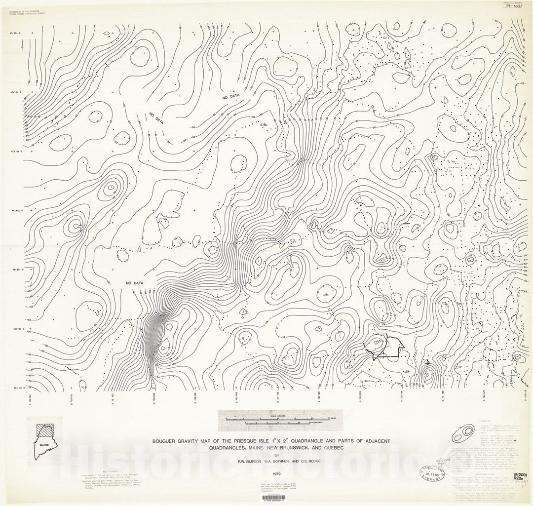 Map : Bouguer gravity map of the Presque Isle one degree x two degree quadrangle and parts of adjacent quadrangles, Maine, New Brunswick, and Quebec, one979 Cartography Wall Art :