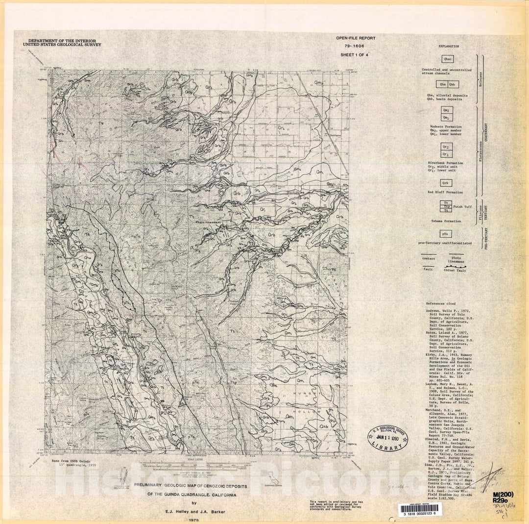 Map : Preliminary geologic map of Cenozoic deposits of the Guinda, Dunningan, Woodland, and Lake Berryessa quadrangles, California, 1979 Cartography Wall Art :