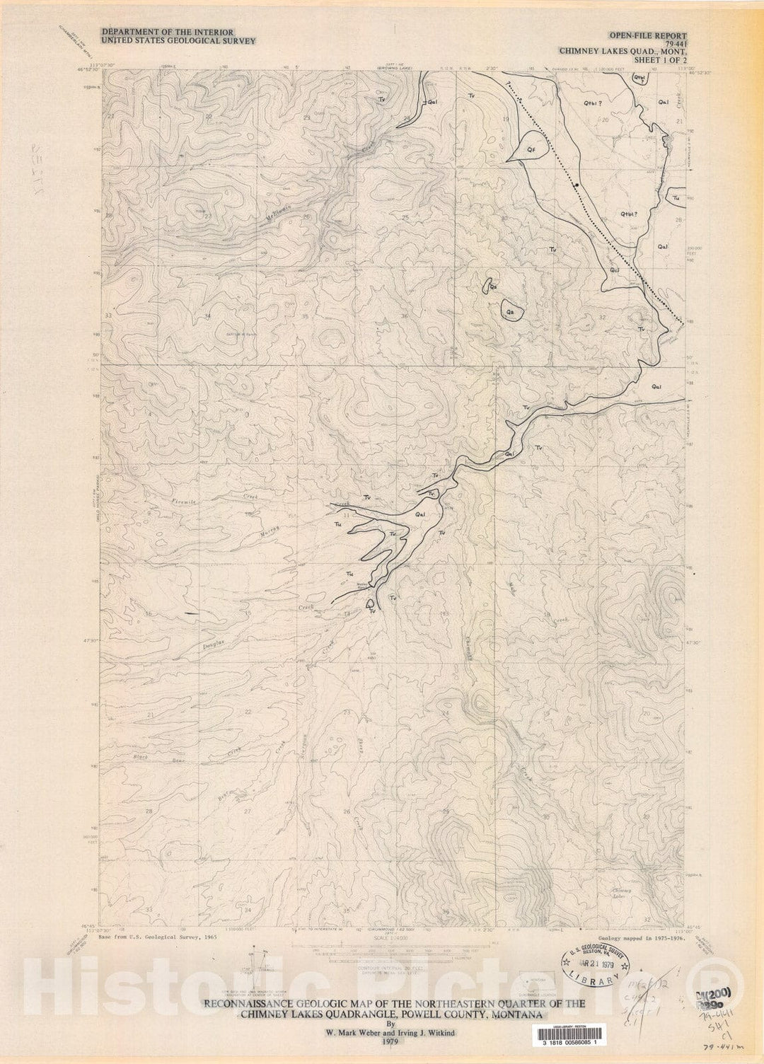 Map : Reconnaissance geologic map of the northeastern quarter of the Chimney Lakes quadrangle, Powell County, Montana, 1979 Cartography Wall Art :