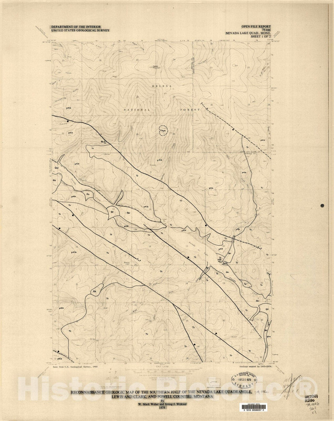 Map : Reconnaissance geologic map of the southern half of the Nevada Lake quadrangle, Lewis and Clark, and Powell Counties, Montana, 1979 Cartography Wall Art :