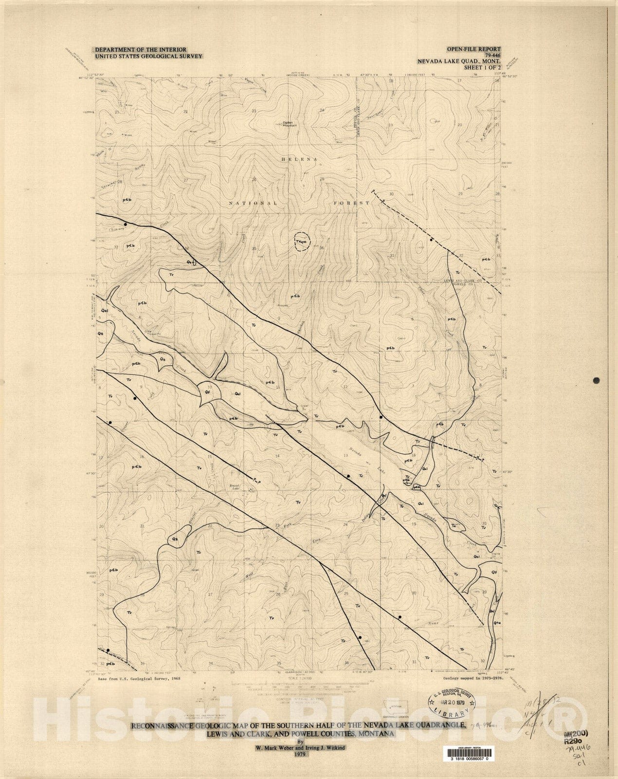 Map : Reconnaissance geologic map of the southern half of the Nevada Lake quadrangle, Lewis and Clark, and Powell Counties, Montana, 1979 Cartography Wall Art :