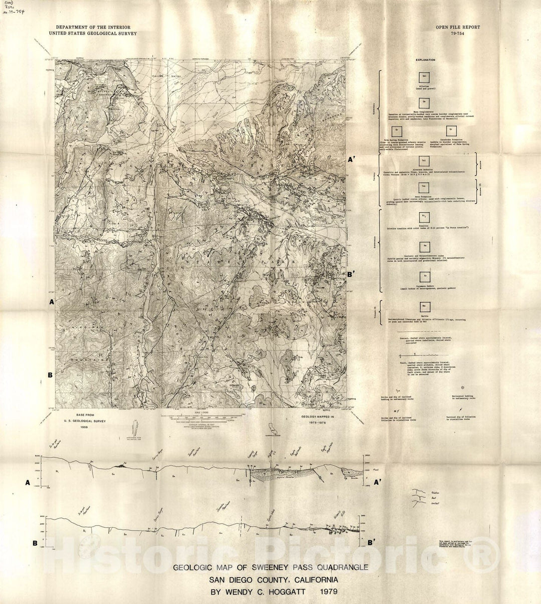 Map : Geologic map of Sweeney Pass quadrangle, San Diego County, California, 1979 Cartography Wall Art :