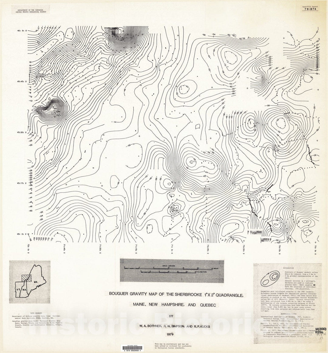 Map : Bouguer gravity map of the Sherbrooke one degree x two degree quadrangle, Maine, New Hampshire, and Quebec, one979 Cartography Wall Art :