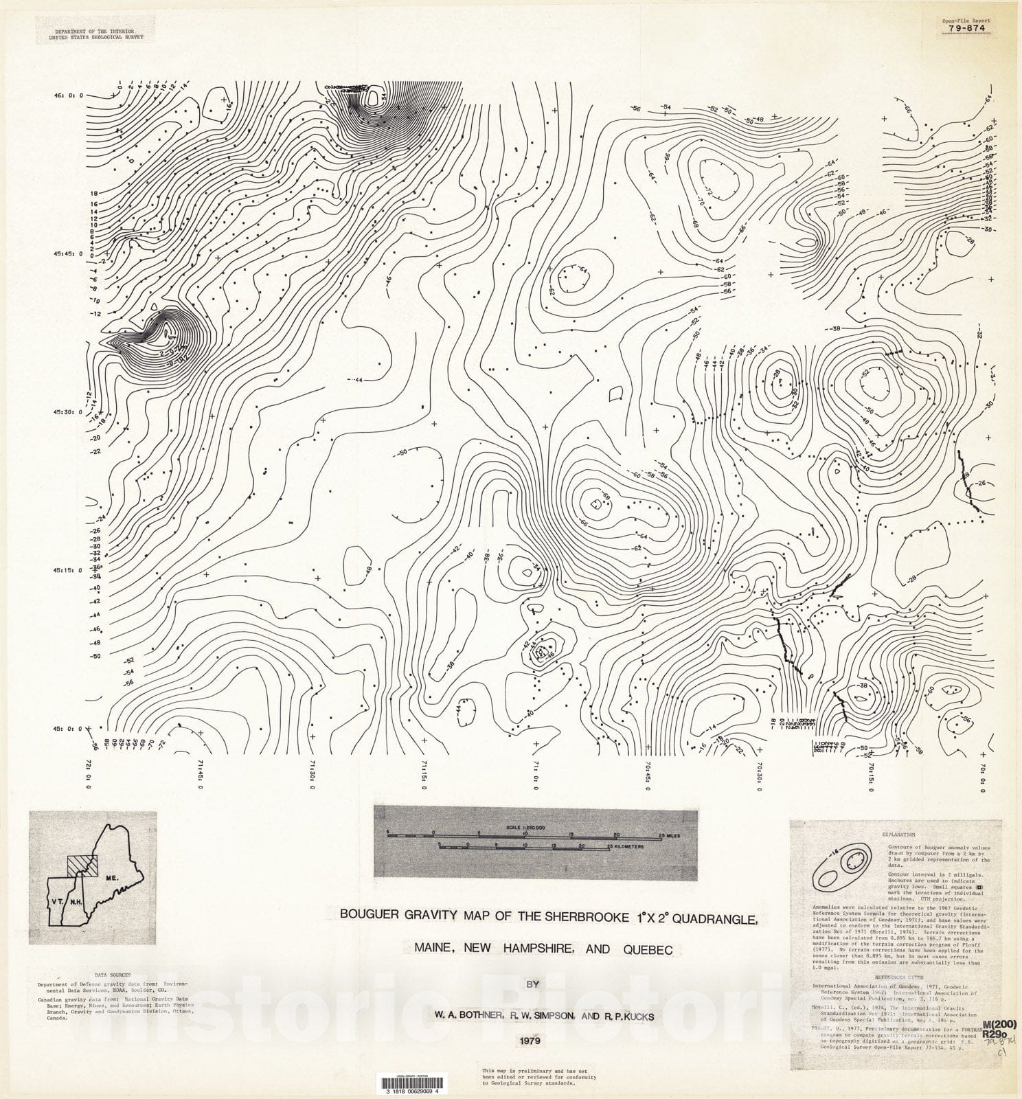 Map : Bouguer gravity map of the Sherbrooke one degree x two degree quadrangle, Maine, New Hampshire, and Quebec, one979 Cartography Wall Art :