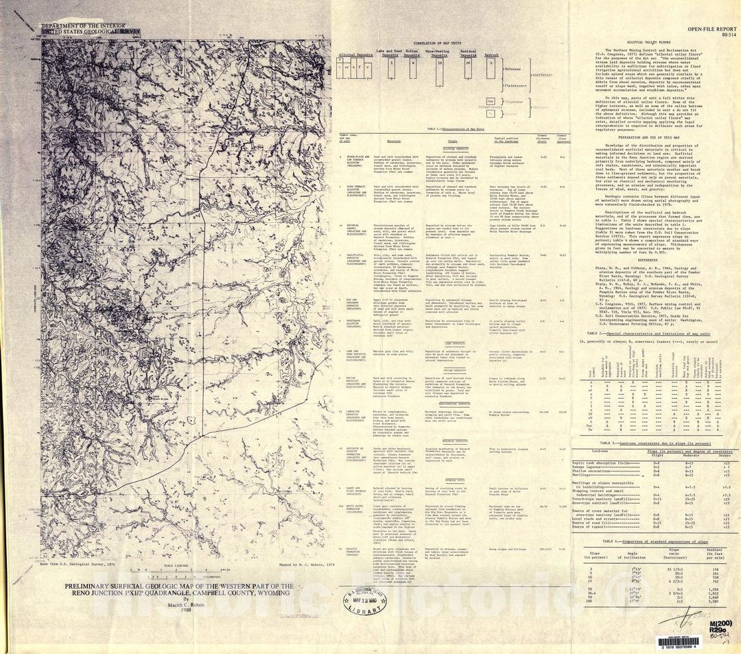 Map : Preliminary surficial geologic map of the western part of the Reno Junction one degree x one/2 degree quadrangle, Campbell County, Wyoming, one980 Cartography Wall Art :