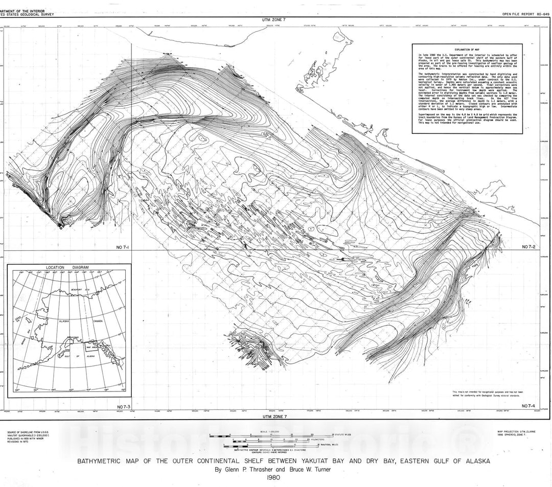 Map : Bathymetric map of the outer continental shelf between Yakutat Bay and Dry Bay, eastern Gulf of Alaska, 1980 Cartography Wall Art :