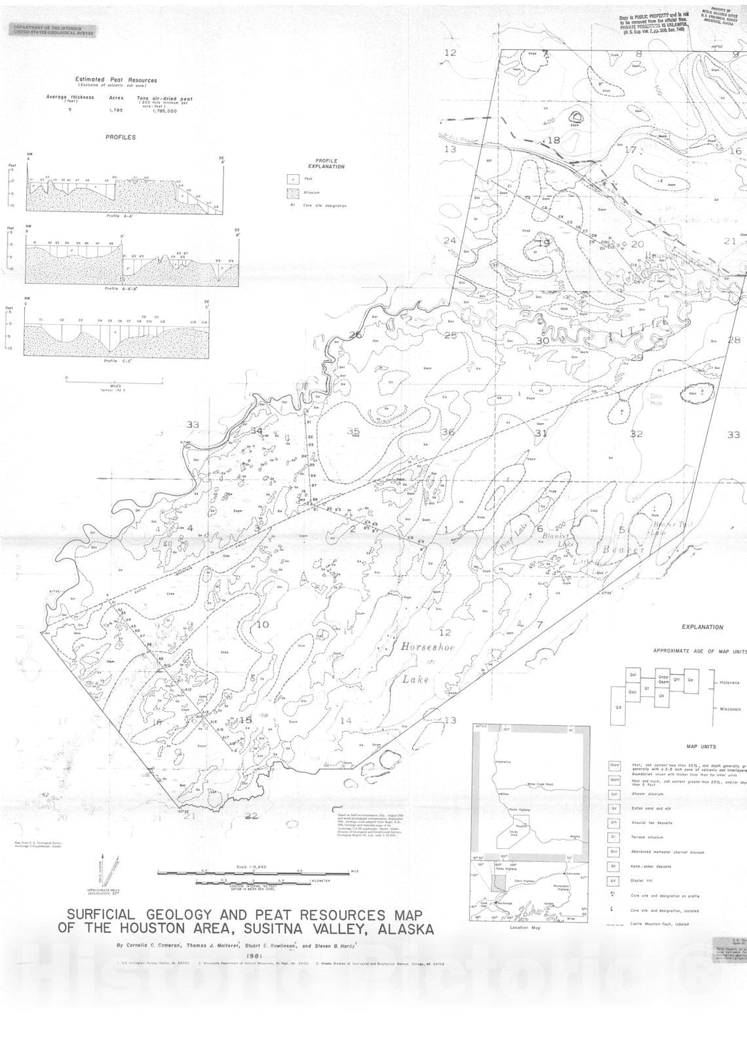 Map : Surficial geology and peat resources map of the Houston area, Susitna Valley, Alaska, 1981 Cartography Wall Art :