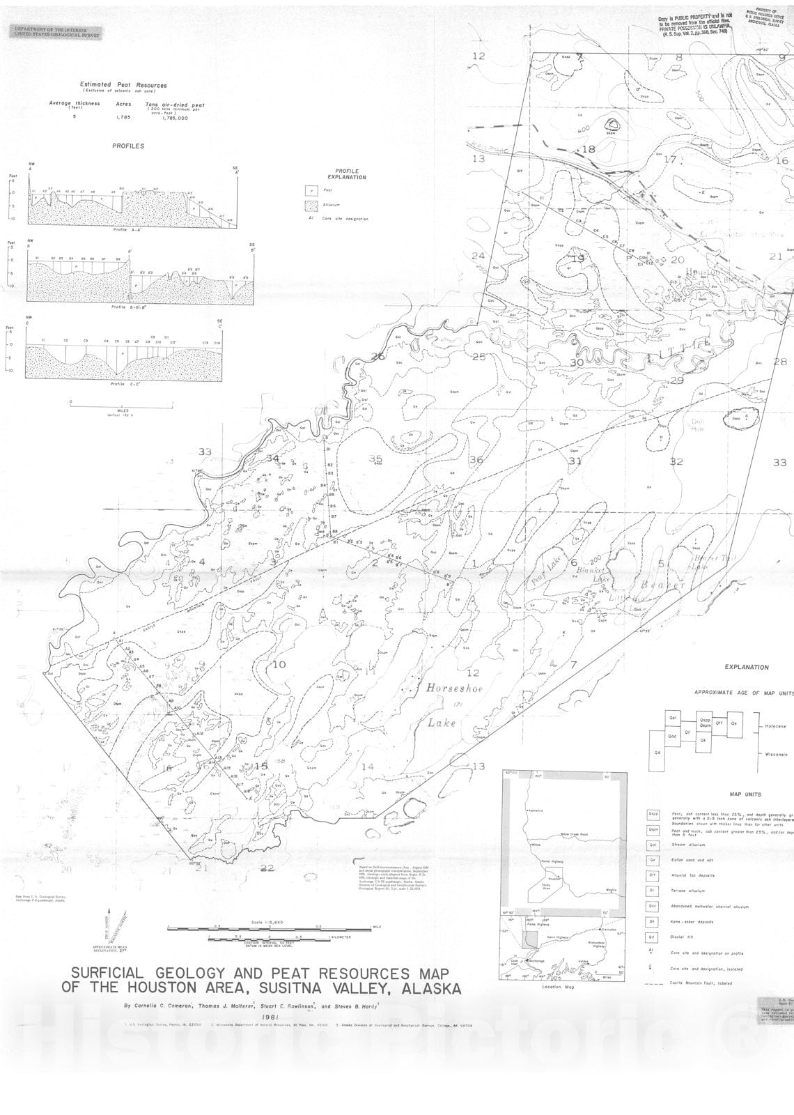 Map : Surficial geology and peat resources map of the Houston area, Susitna Valley, Alaska, 1981 Cartography Wall Art :