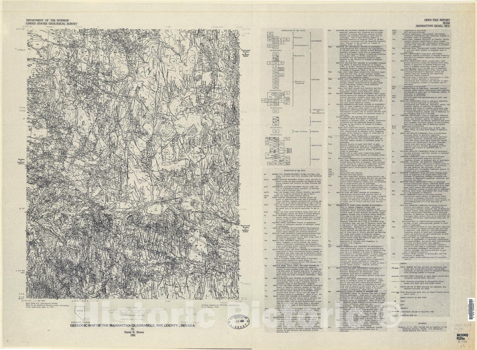 Map : Geologic map of the Manhattan quadrangle, Nye County, Nevada, 1981 Cartography Wall Art :