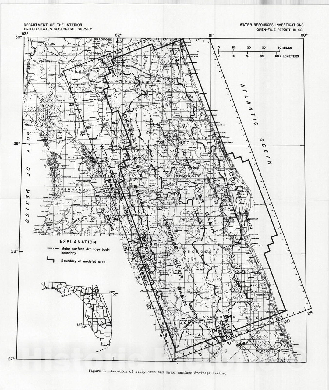 Map : Computer simulation of the steady-state flow system of the Tertiary limestone (Floridan) aquifer system in east-central Florida, 1981 Cartography Wall Art :