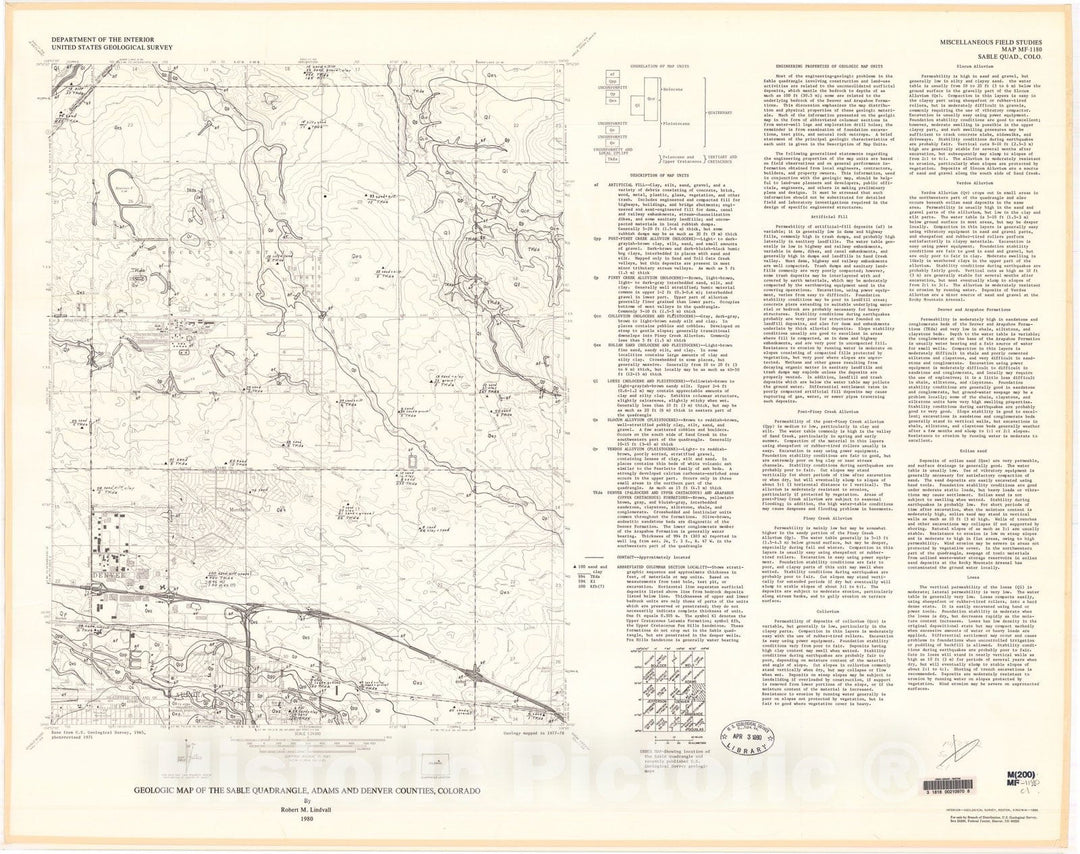 Map : Geologic map of the Sable quadrangle, Adams and Denver Counties, Colorado, 1980 Cartography Wall Art :