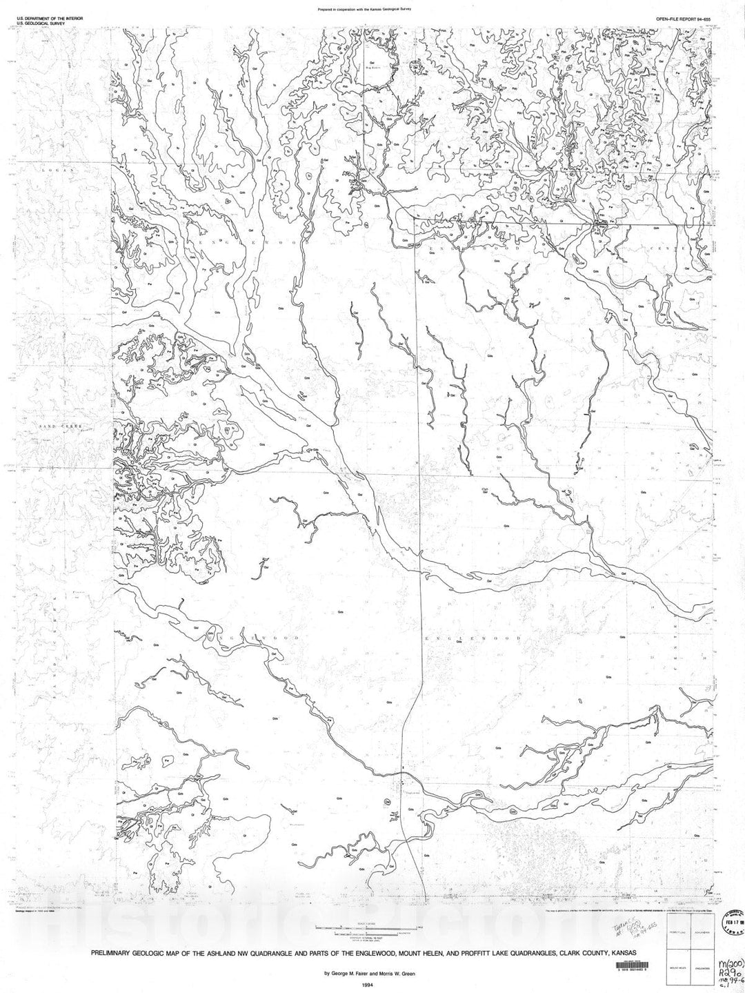 Map : Preliminary geologic map of the Ashland NW quadrangle and parts of the Englewood, Mount Helen, and Proffitt Lake quadrangles, Clark County, Kansas, 1994 Cartography Wall Art :