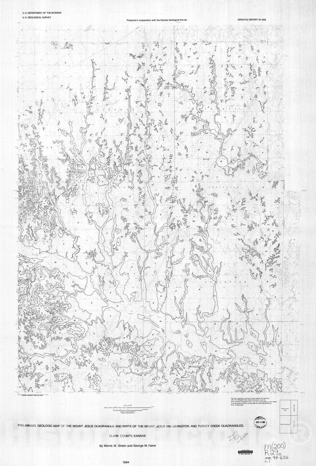 Map : Preliminary geologic map of the Mount Jesus quadrangle and parts of the Mount Jesus NW, Lexington, and Turkey Creek quadrangles, Clark County, Kansas, 1994 Cartography Wall Art :