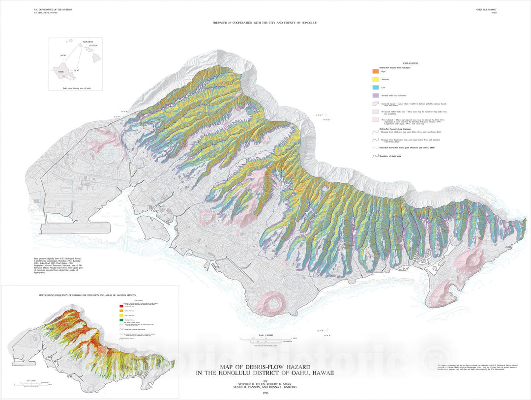 Map : Map of debris-flow hazard in the Honolulu District of Oahu, Hawaii, 1993 Cartography Wall Art :