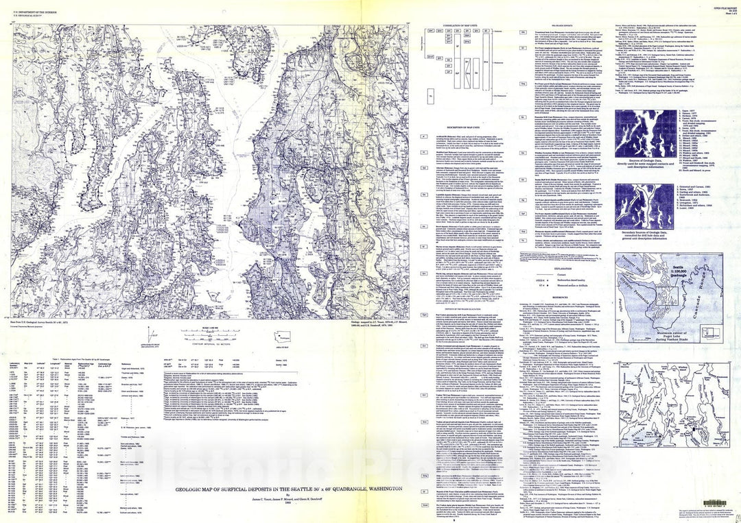 Map : Geologic map of surficial deposits in the Seattle 30' by 60' quadrangle, Washington, 1993 Cartography Wall Art :