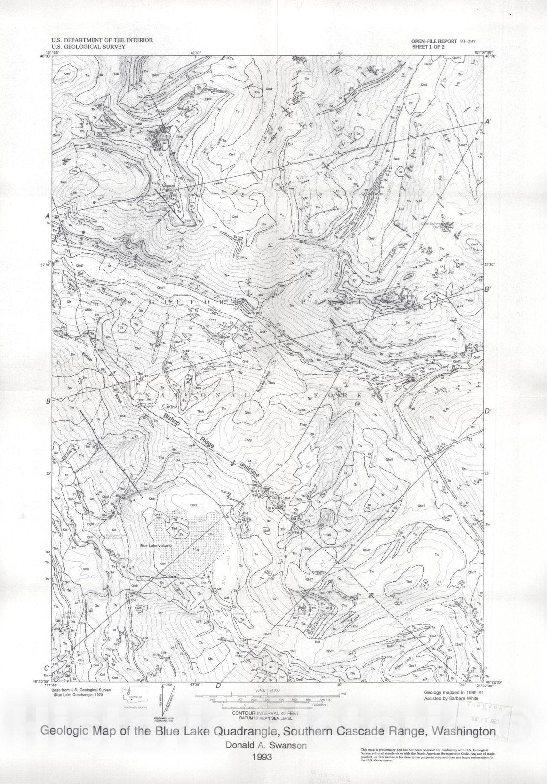 Map : Geologic map of the Blue Lake quadrangle, southern Cascade Range, Washington, 1993 Cartography Wall Art :