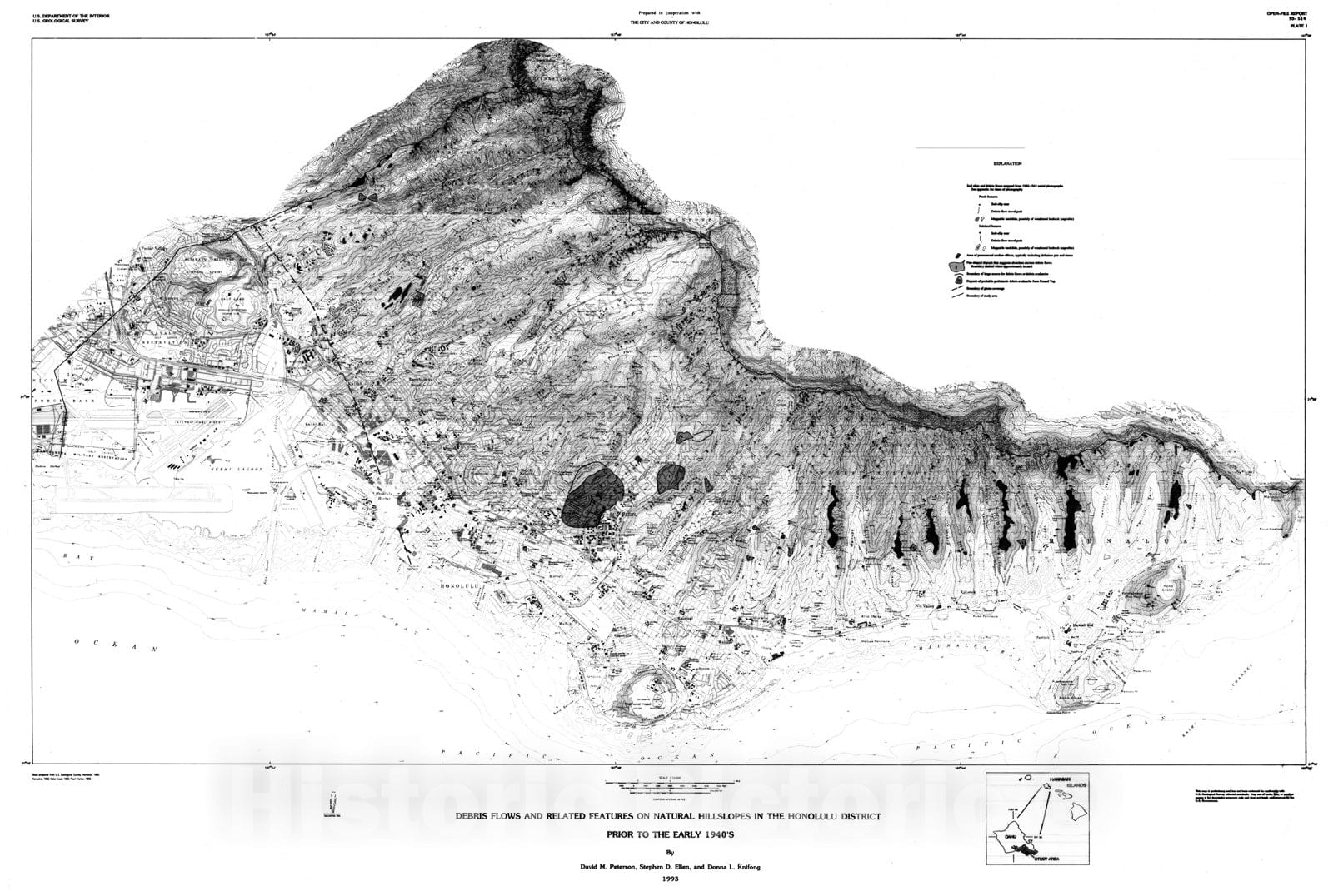 Map : Distribution of past debris flows and other rapid slope movements from natural hillslopes in the Honolulu District of Oahu, Hawaii, 1993 Cartography Wall Art :